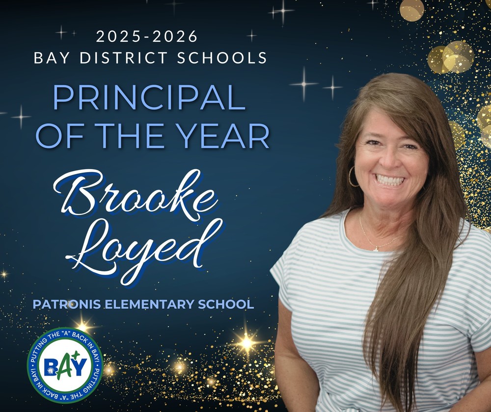 A headshot of a woman with text that reads "2025-2026 Bay District Schools Principal of the Year Brooke Loyed, Patronis Elementary"