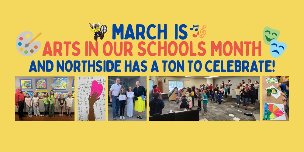 yellow background with masks, paint supplies, and music notes then photos of students singing and doing artwork