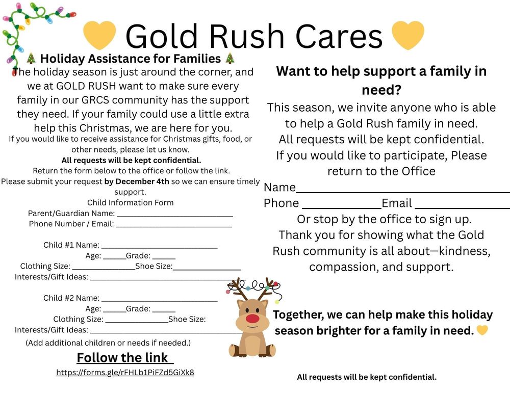 Gold Rush Cares flyer for holiday assistance for families