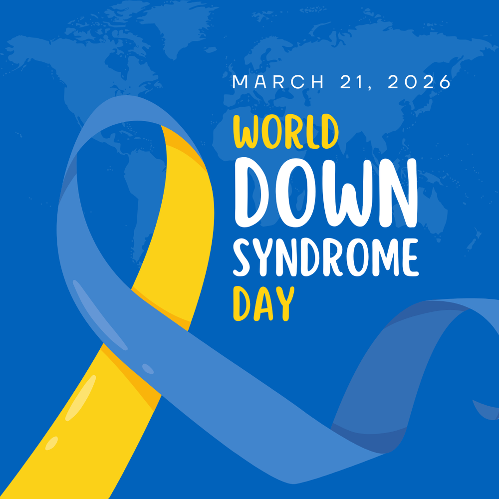 Illustration for World Down Syndrome Day on March 21, 2026, featuring a blue and yellow awareness ribbon over a blue background with a faint world map and the text “World Down Syndrome Day.”