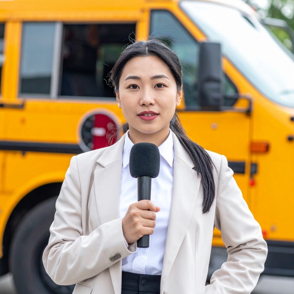 Asian news reporter standing in front of school bus