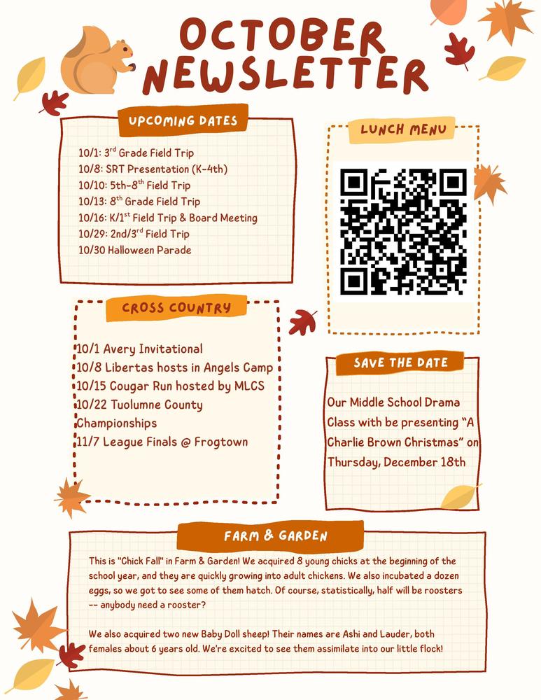 Fall colored newsletter. There is a QR code for the lunch menu and a list of upcoming school events, Cross country events, farm and garden shared new chickens