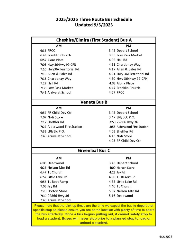 Bus Routes as of 4/6/26