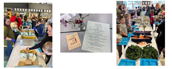 3 Pictures showing the Read and Feed event, a table full of food, while families fill plates and a table centerpiece with flowers.