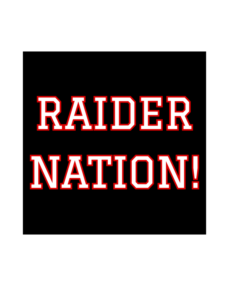 Graphic with a black background featuring bold white varsity-style lettering outlined in red that reads “RAIDER NATION!” The design reflects Southern Public Schools’ red and black school colors and celebrates Raider pride and community spirit. 