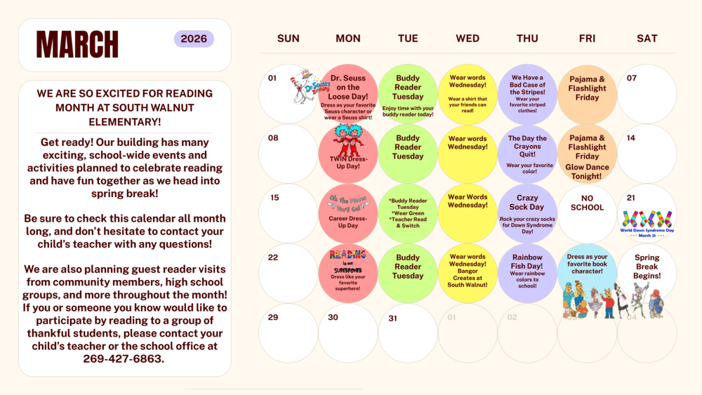 Calendar for reading month.