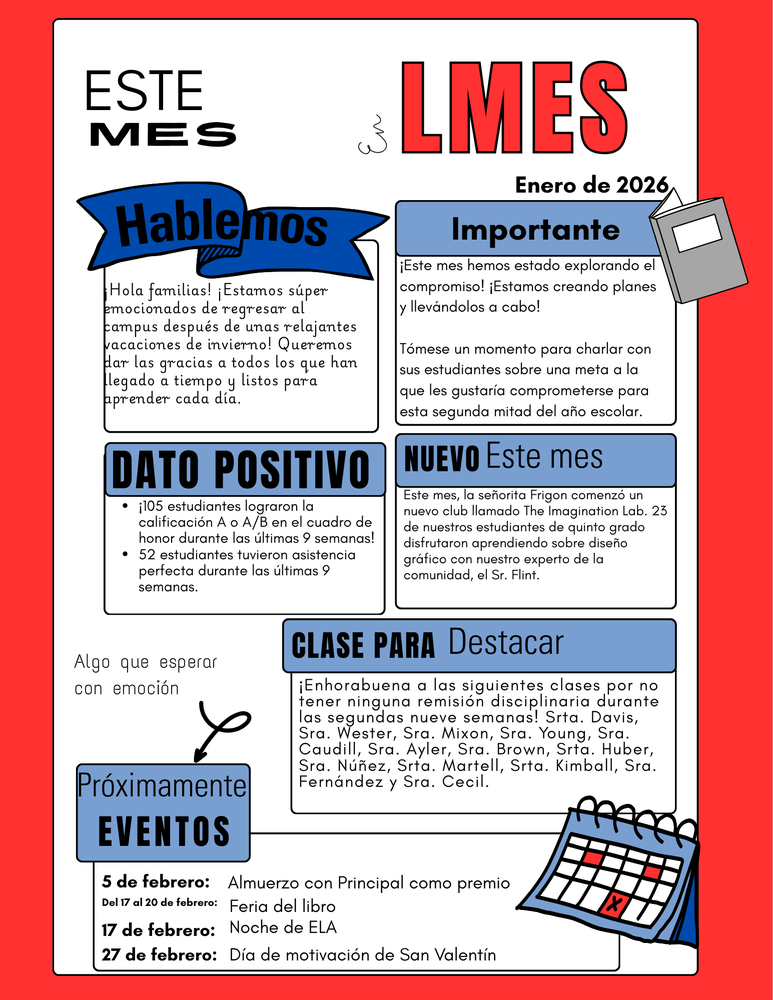 January News letter. Hello Families! We are so excited to be back on campus after a restful winter break! We wanted to say thank you to everyone who has been getting here on time and ready to learn everyday! This month we have been learning about commitment! We are making plans and putting them into action! Take a moment to talk to your student(s) about a goal they want to commit to for this second half of the school year. 105 students made either A or A/B honor roll for the second 9 weeks! 52 students had perfect attendance for the second 9 weeks. This month Miss Frigon started a new club called The Imagination Lab. 23 of our 5th grade students spent time learning about graphic design from our community expert Mr. Flint.