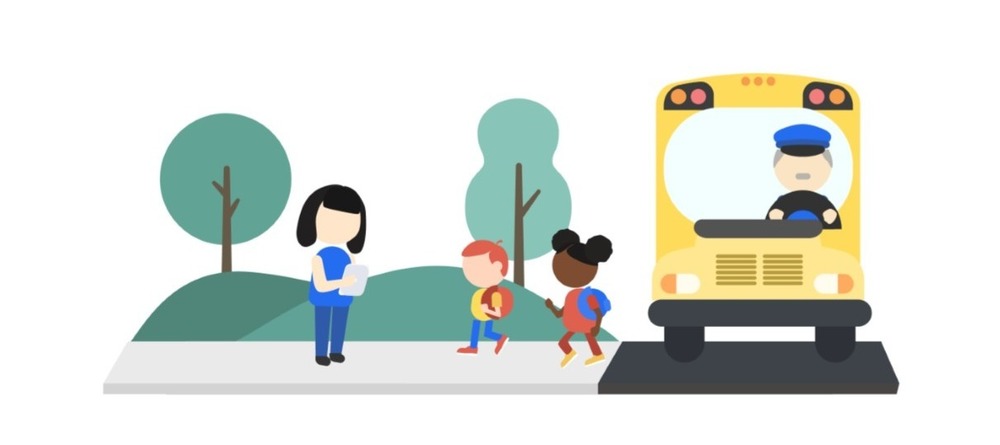 Cartoon image of school bus and students