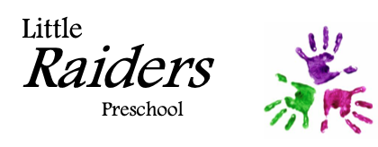 Little Raiders Preschool logo featuring the words “Little Raiders Preschool” alongside colorful child handprints in purple, green, and pink.