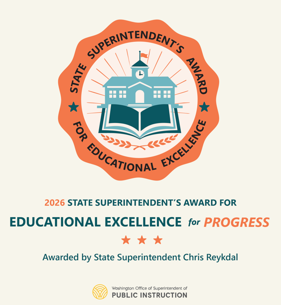 Orange and Blue logo for the State Superintendent's award for Educational Excellence, graphic is a blue school building and open book