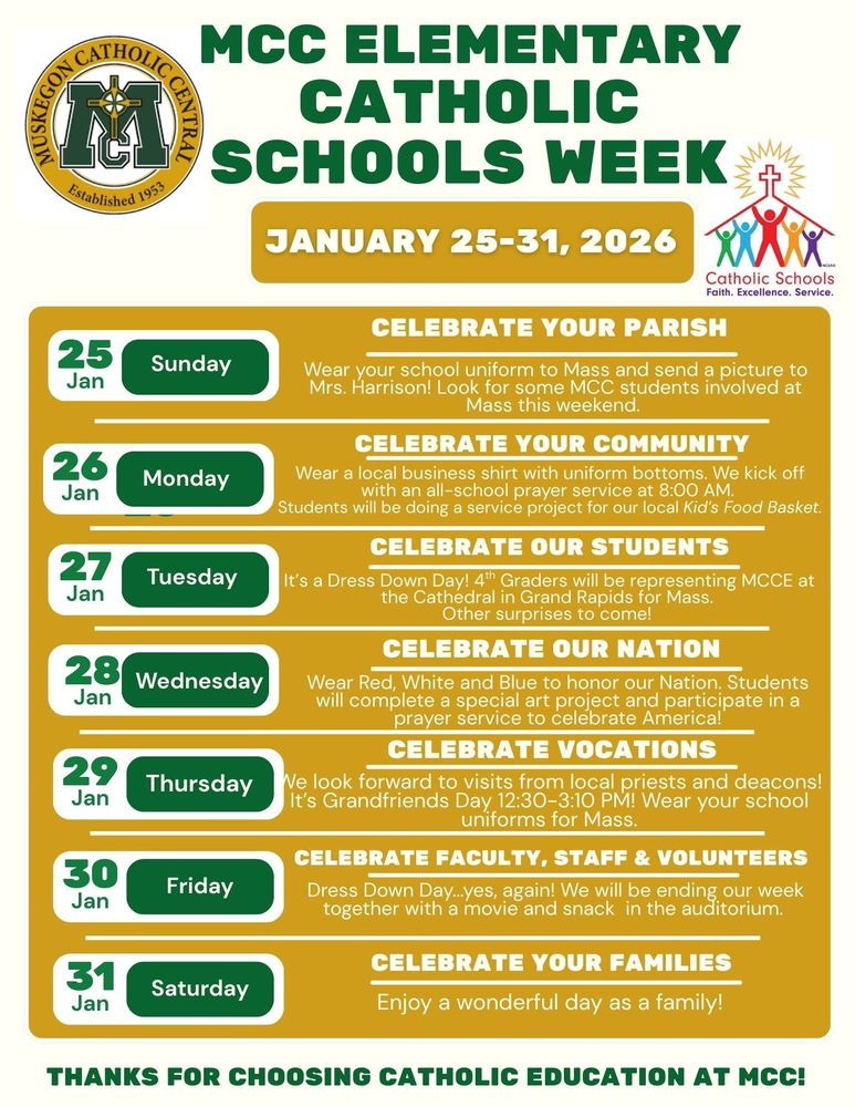 Catholic Schools Week outline by day
