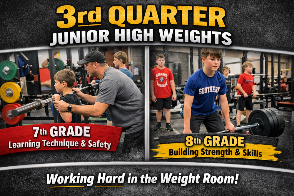 Graphic titled “3rd Quarter Junior High Weights.” The image shows junior high students lifting weights in the school weight room. One side highlights 7th graders learning proper lifting technique and safety with a coach’s guidance, while the other shows 8th graders continuing to build strength and skills using barbells and weight equipment. The text emphasizes students working hard in the weight room during the third quarter.