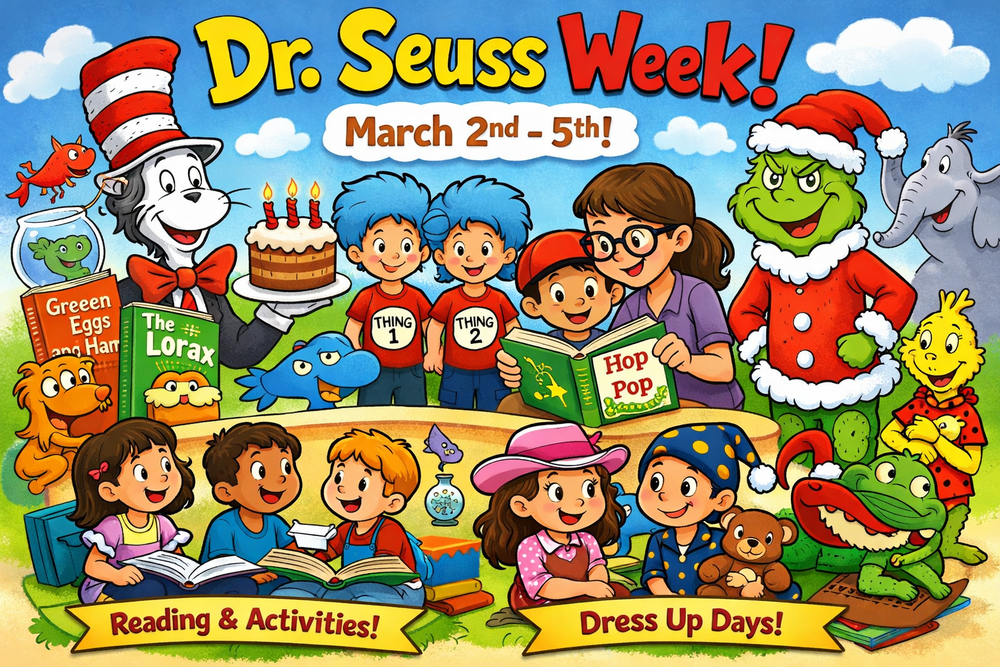 Colorful cartoon illustration celebrating Dr. Seuss Week. Children dressed as Dr. Seuss characters sit and read books together while a teacher reads aloud. Bright decorations, playful characters, and signs that say “Dr. Seuss Week – March 2–5,” “Reading & Activities,” and “Dress Up Days” highlight the celebration of reading and themed activities.