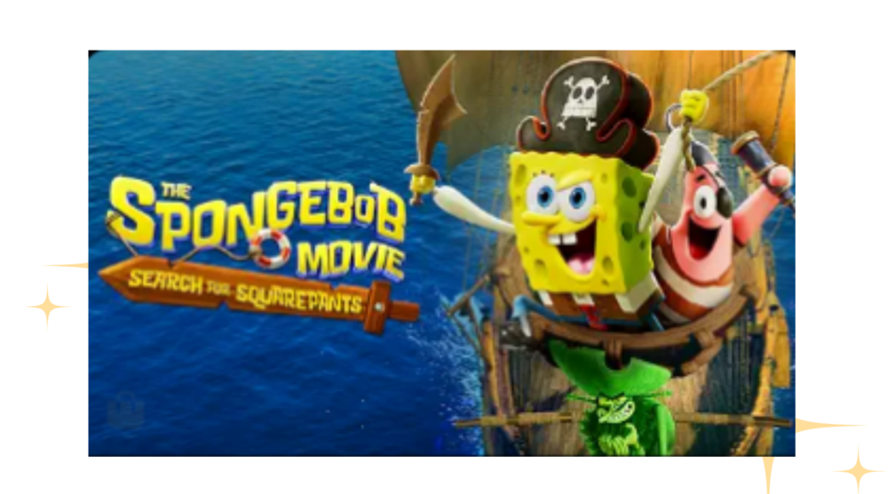 Cartoon yellow sponge and a starfish with facial features acting as pirates and a neon green ghost pirate all three characters are on a pirate ship in the blue sea
