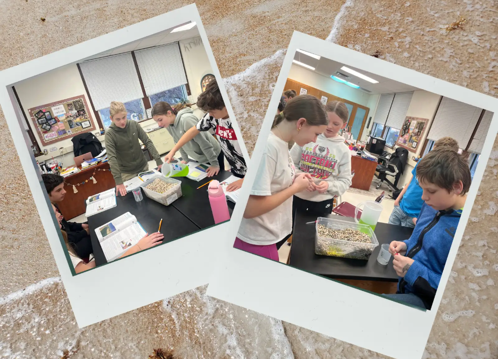 Two photos show middle school students working together in a science classroom during a hands-on lab. Students gather around lab tables measuring, pouring, and observing materials in containers filled with small rocks or gravel, modeling an aquifer while using textbooks and data sheets to guide their work.