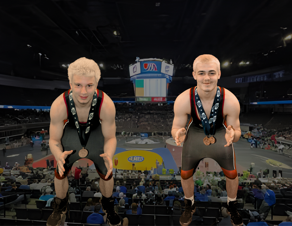 Composite graphic featuring two Southern wrestlers in black and red singlets posing in wrestling stance with medals around their necks. They are placed over a background of the state wrestling arena with the competition mats and scoreboard visible in the center. Both athletes appear ready to compete, representing Southern at the state wrestling tournament.