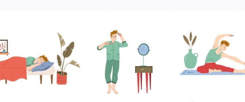 person sleeping, brushing teeth, and doing yoga.