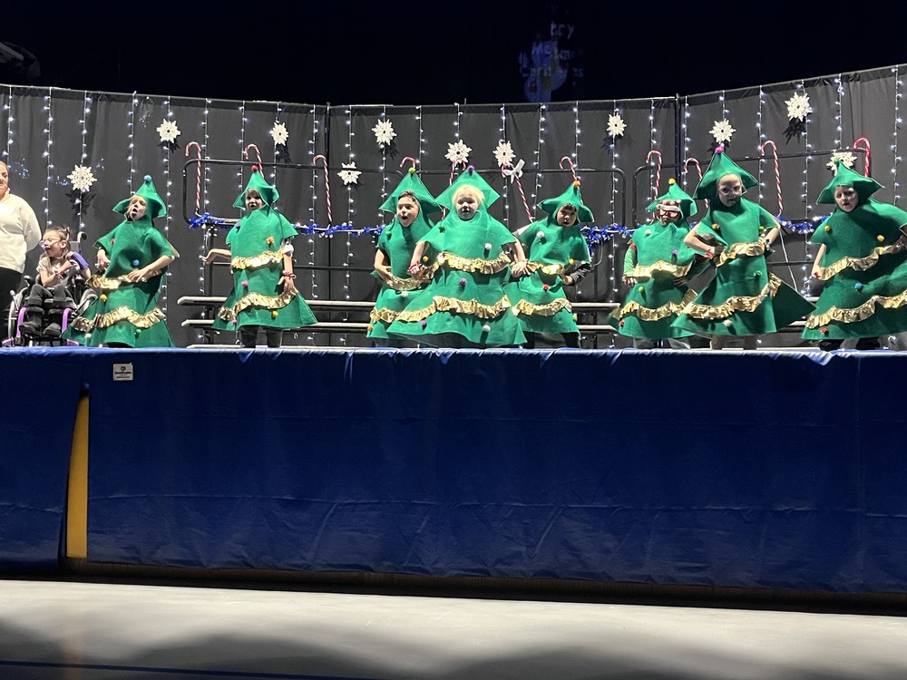 1st grade dressed as Christmas Trees