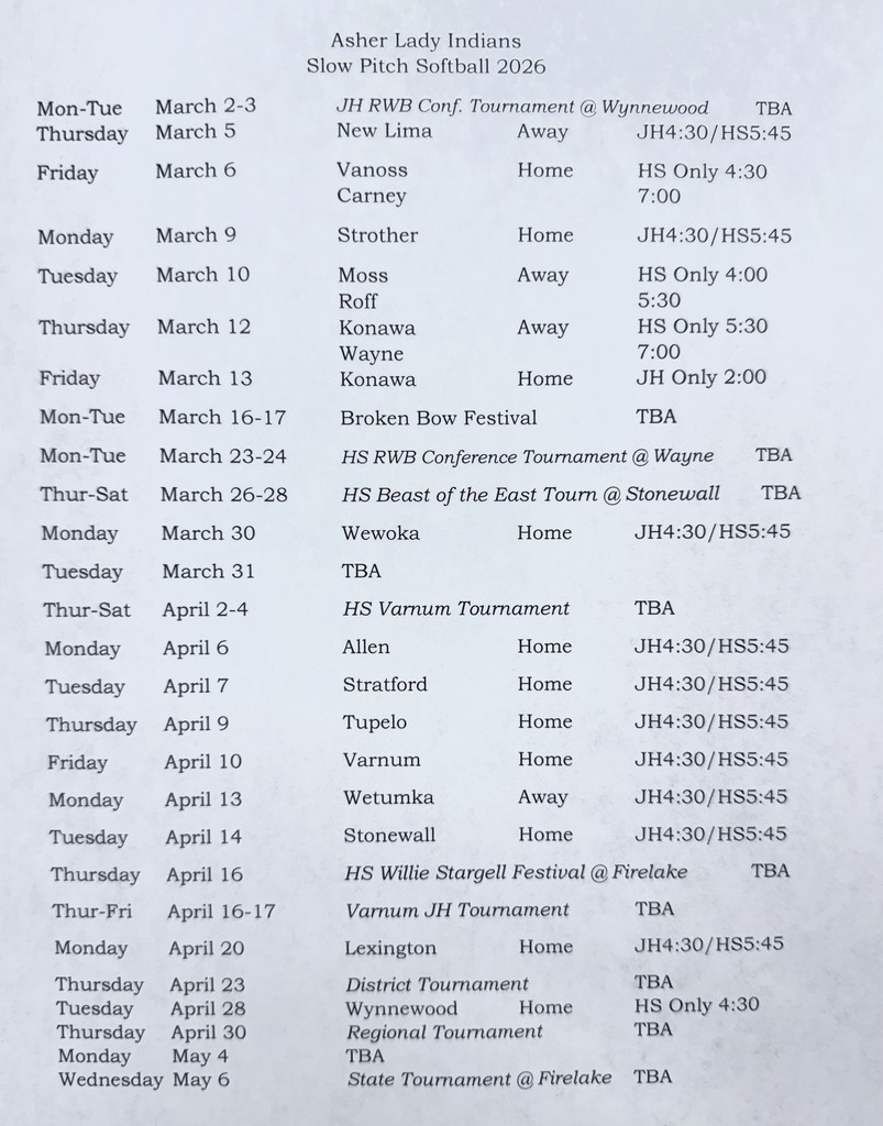 2026 Spring Softball Schedule