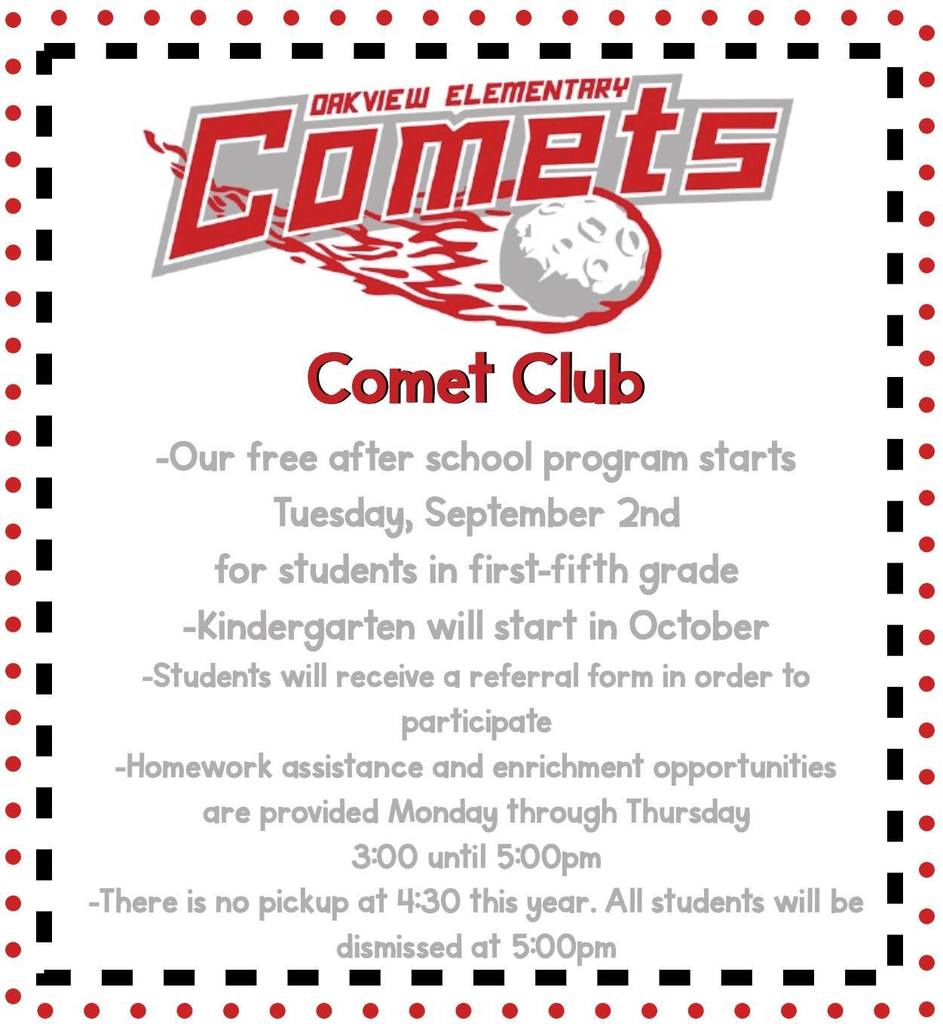 Our free afterschool program starts Tuesday, September 2nd for students in first through fifth grade. Kindergarten will start in October. Students will receive a referral form in order to participate.