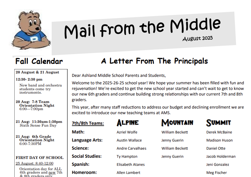 Mail from the middle newsletter for back to school, click here to read more
