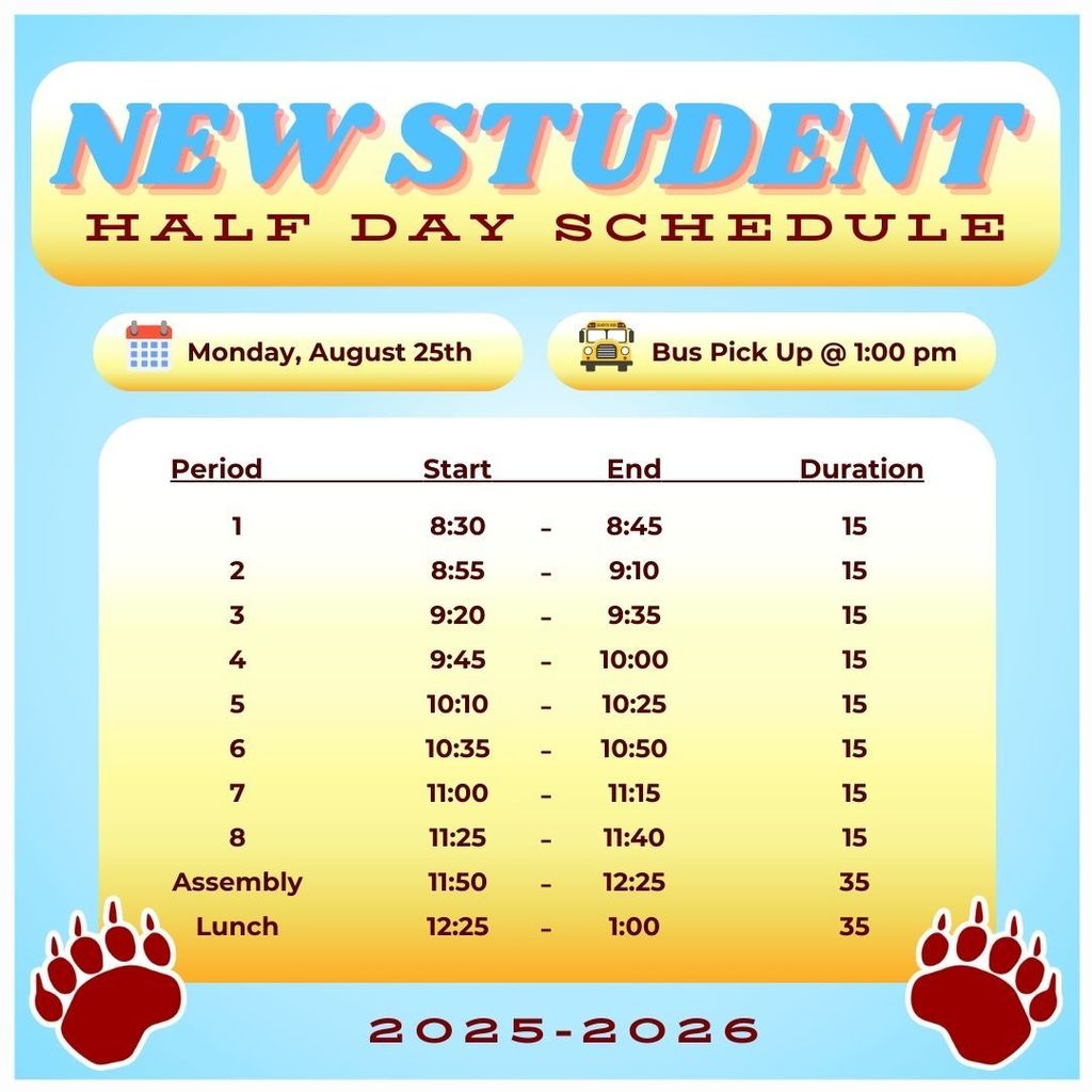 New Student Half Day Schedule