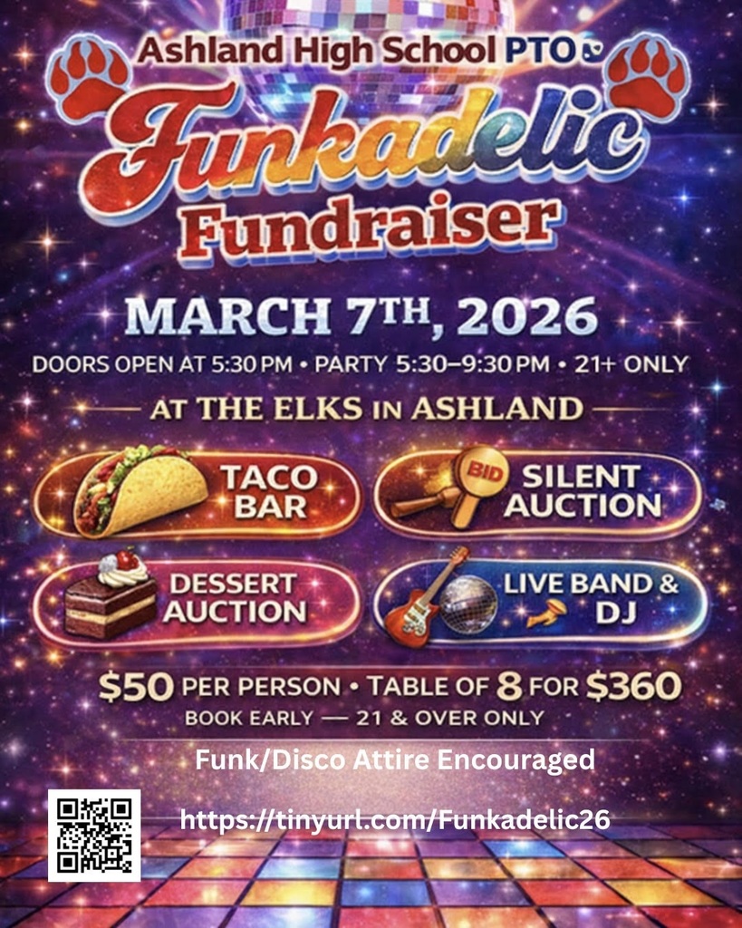 Happening on March 7th at the Elks lodge! Doors open at 5:30, party is 5:30-9:30 pm, 21+ only. There will be a taco bar, silent auction, dessert auction, live band & DJ, full bar & drink specials!  $50 per person, table of 8 for $360. Book early to make sure you get a spot! https://tinyurl.com/Funkadelic26