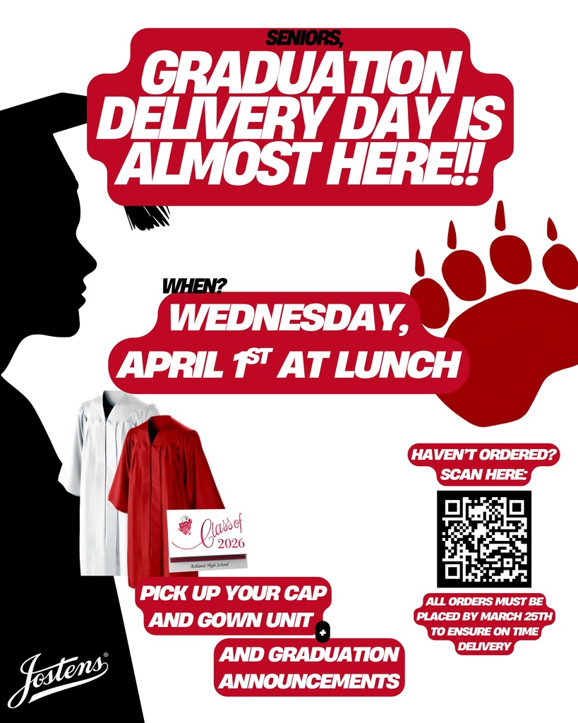 Seniors, Graduation delivery day is almost here!! When? Wednesday, April 1st at lunch. Pick up your cap and gown unit and graduation announcements. Haven't ordered? Scan the QR code. All orders must be placed by March 25th to ensure on time delivery.