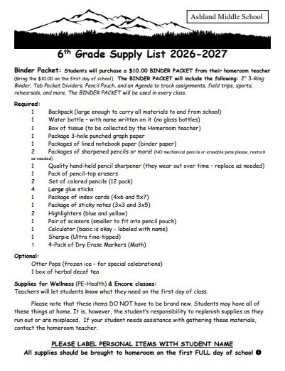 6th Grade Supply List 2026