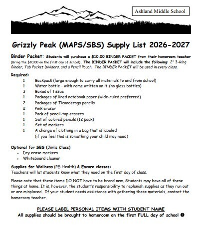 Grizzly Peak Supply List