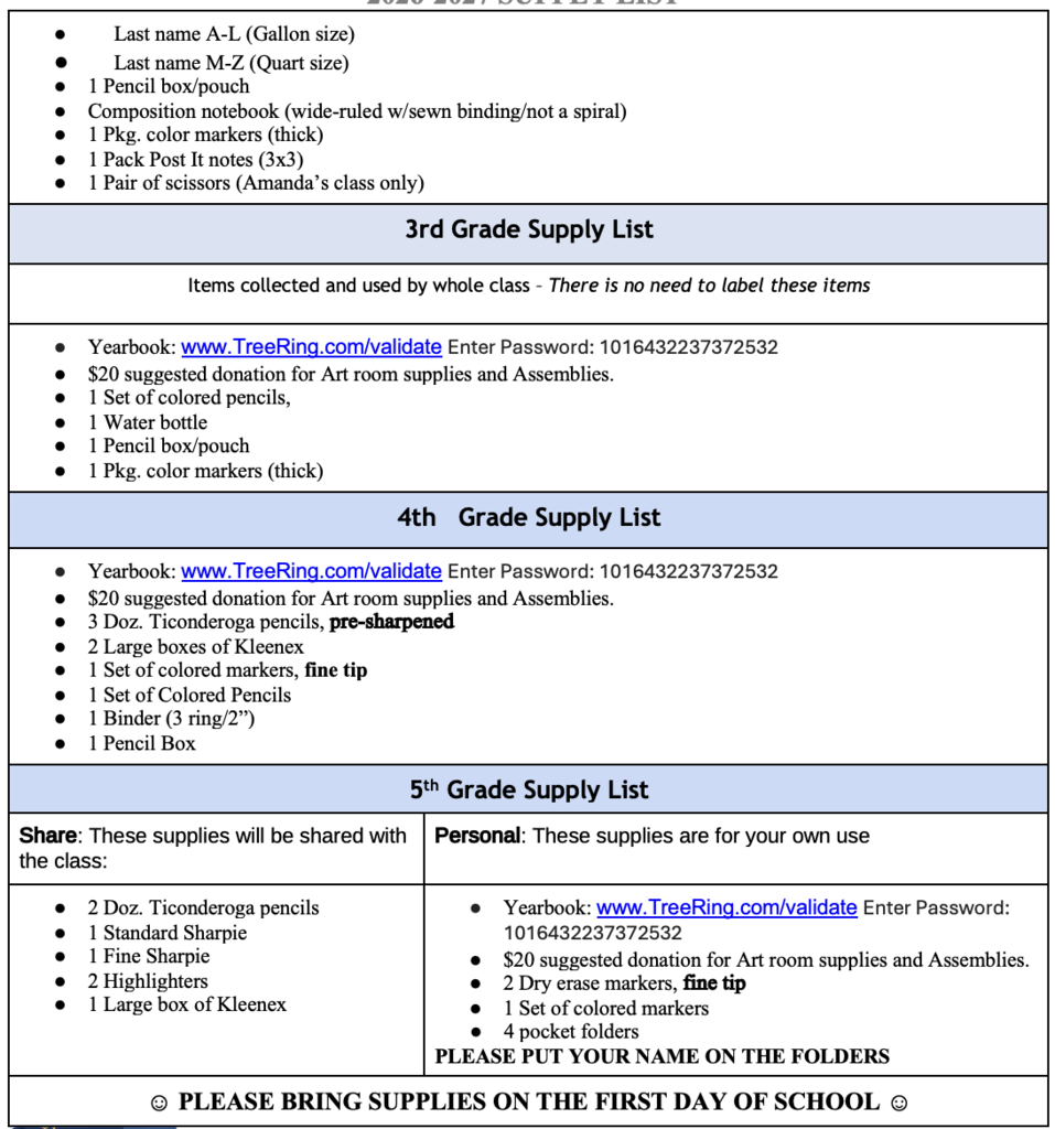 Walker Supply list 2nd - 5th