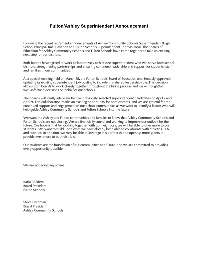 Ashley Fulton Superintendent Announcement