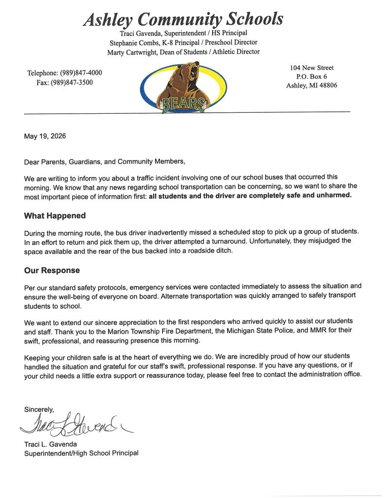 Bus Incident letter