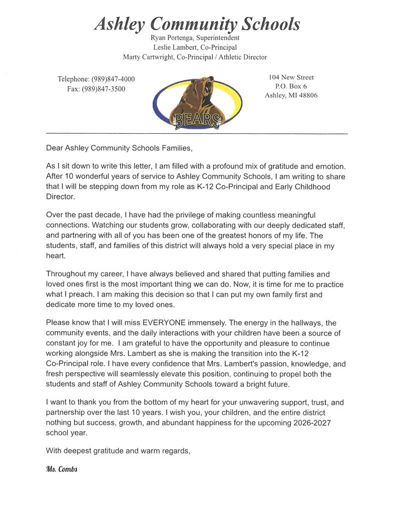 Ms. Combs farewell letter