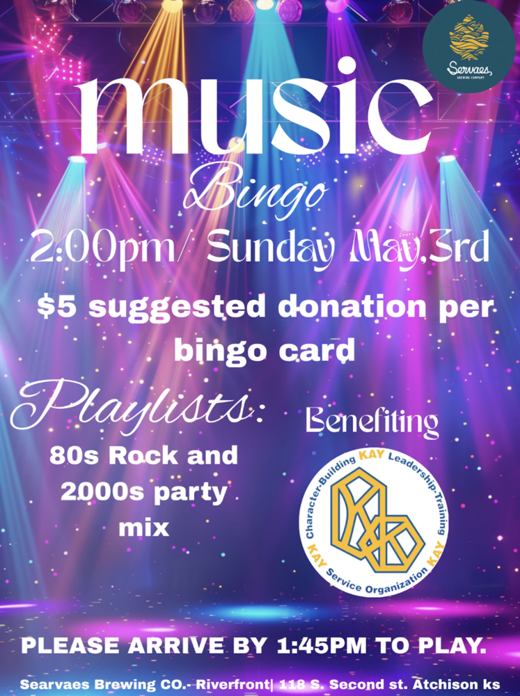 Poster advertising Music Bingo on May 3 at 2:00 P.M. at Servaes Brewing, to benefit  AMS KAYS Club members to attend leadership camp this summer. 