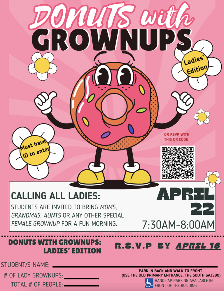 Flier for Donuts with GrownUps Ladies Edition on Aprill 22