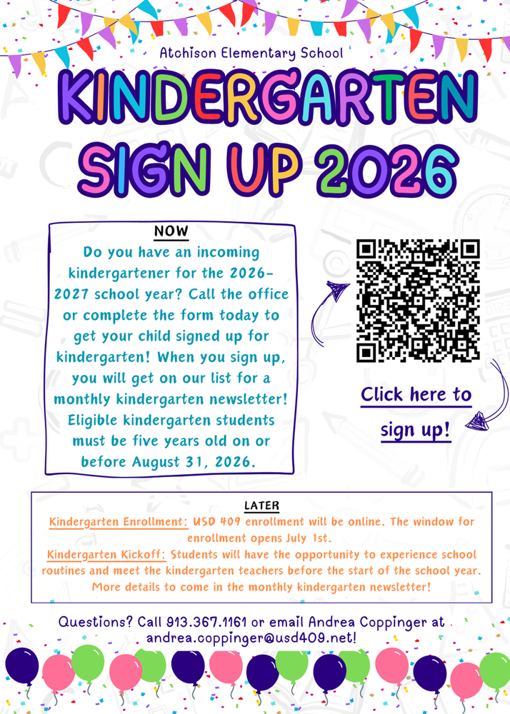 Flier explaining kindergarten sign up procedures in advance of online enrollment in July