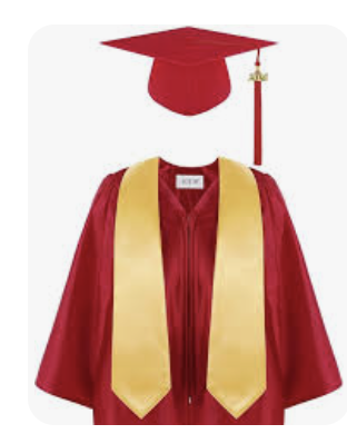 Photo of a red cap and gown with gold stole for graduation