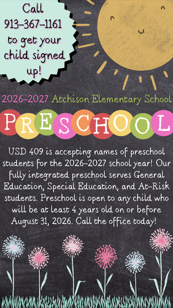 Flier explaining that 2026-27 Preschool at AES is accepting names of students for sign-up.
