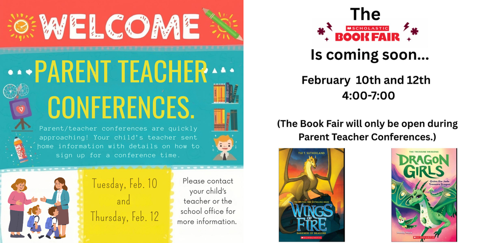 On Feb. 10 and 12, parent/teacher conferences will be held at AES, along with the Scholastic Book Fair, from 4:00-7:00 PM.