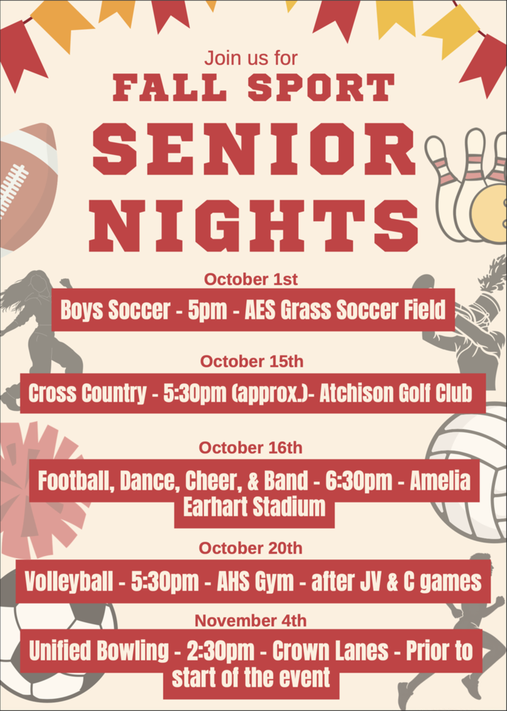 Fall Sport Senior Nights flier, with information on dates and times given in article below