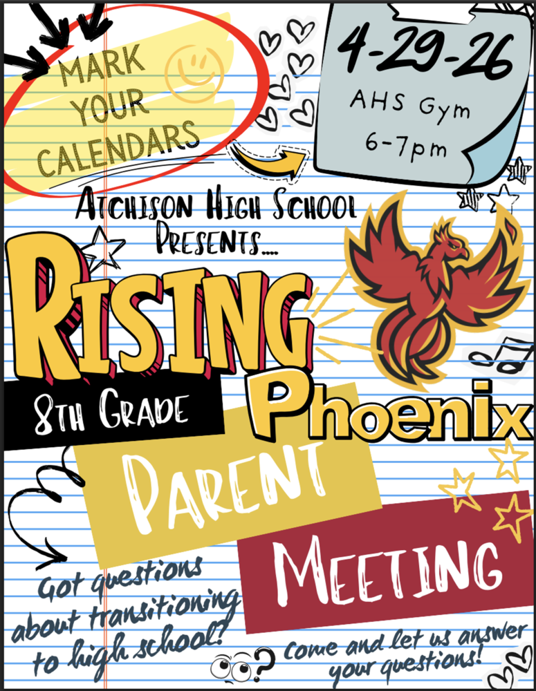 Flier with information about an 8th grade parent meeting on April 29 at 6:00 P.M. for families with students who will be attending AHS in 2026-2027.