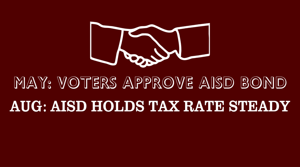 Graphic with maroon background showing two hands shaking. Text reads: βMay: Voters approve AISD bondβ and βAug: AISD holds tax rate steady.β