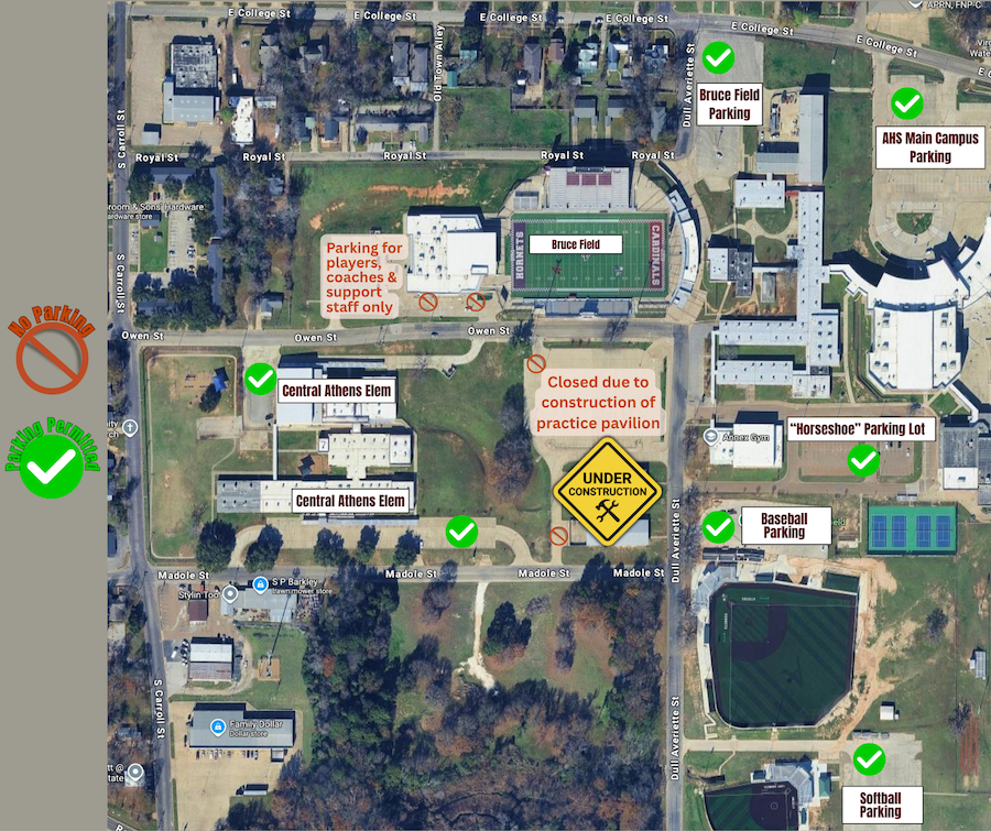 Aerial map of Bruce Field and surrounding Athens ISD campuses showing football parking locations. Public parking is permitted at the Bruce Field lot north of the stadium, Athens High School main campus east of the stadium, the “Horseshoe” lot southeast of the stadium, baseball and softball parking areas along Dull Averiette Street, and parking at Central Athens Elementary west and southwest of the stadium. The parking area immediately south of Bruce Field along Owen Street is reserved for players, coaches and support staff only. The former visitor-side parking area southeast of the stadium is closed for construction of the new practice pavilion.