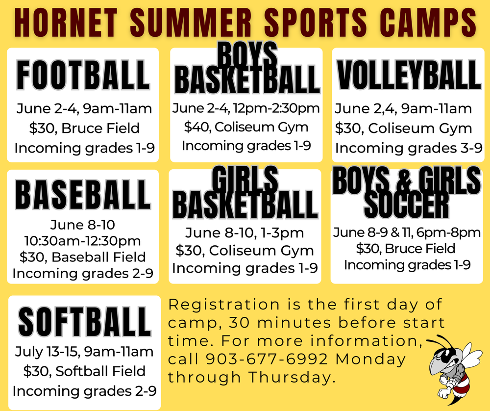Graphic titled “Hornet Summer Sports Camps” on a gold background with maroon and black text. The graphic lists seven Athens ISD summer sports camps with dates, times, locations, costs, and eligible grade levels. Football camp is June 2-4 from 9-11 a.m. at Bruce Field for incoming grades 1-9, $30. Boys basketball is June 2-4 from noon-2:30 p.m. at Coliseum Gym for incoming grades 1-9, $40. Volleyball is June 2 and 4 from 9-11 a.m. at Coliseum Gym for incoming grades 3-9, $30. Baseball is June 8-10 from 10:30 a.m.-12:30 p.m. at the baseball field for incoming grades 2-9, $30. Girls basketball is June 8-10 from 1-3 p.m. at Coliseum Gym for incoming grades 1-9, $30. Boys and girls soccer is June 8-9 and 11 from 6-8 p.m. at Bruce Field for incoming grades 1-9, $30. Softball is July 13-15 from 9-11 a.m. at the softball field for incoming grades 2-9, $30. Registration takes place the first day of camp 30 minutes before start time. For more information, call 903-677-6992 Monday through Thursday. A cartoon Hornet mascot appears in the bottom right corner.