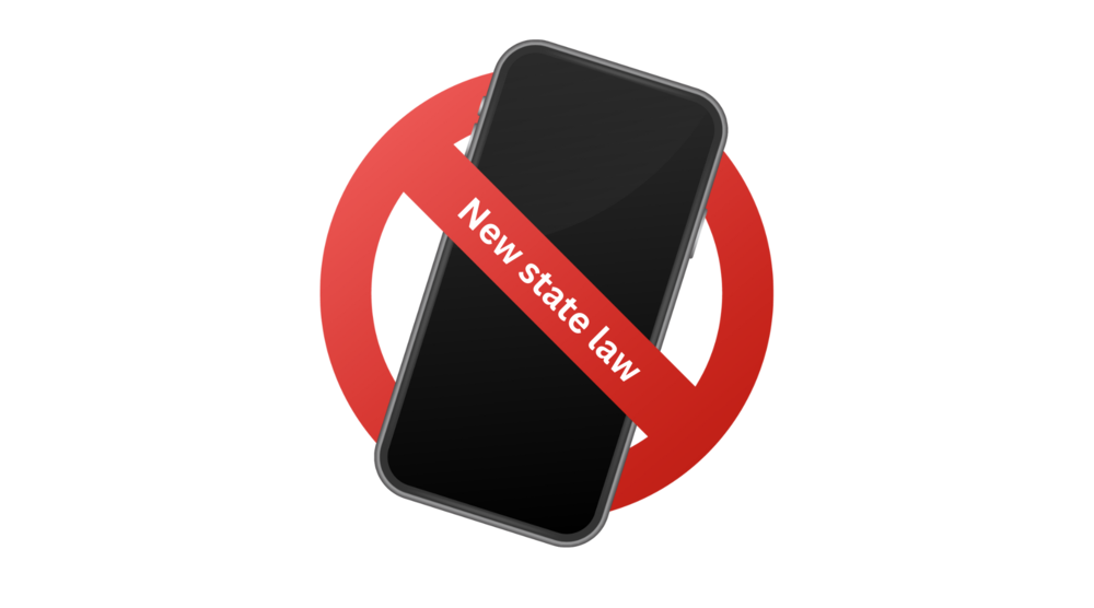 A mobile phone with a ban bar across it and the wordsd "new state law"
