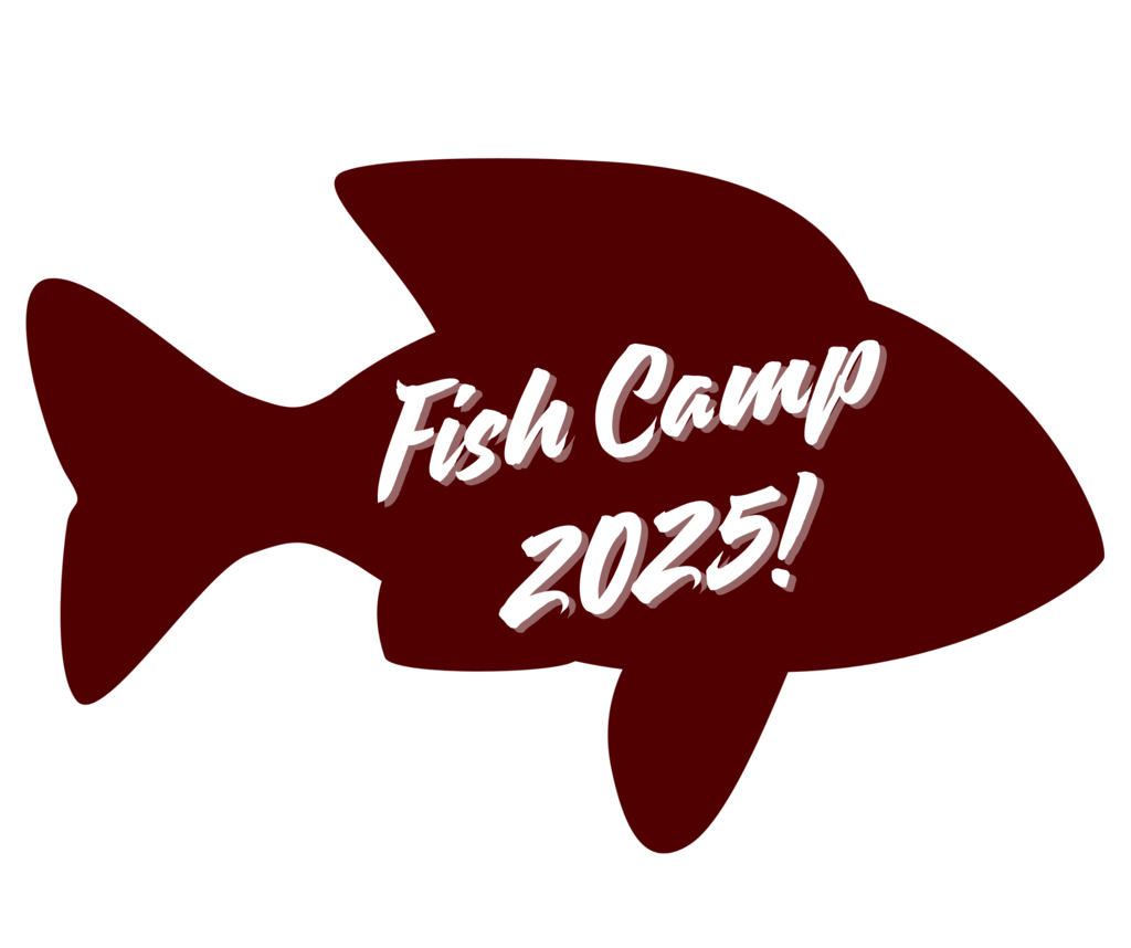 Maroon fish with white words in it that read: Fish Camp 2025!