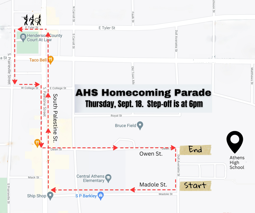 Map showing the Athens High School Homecoming Parade route. The parade starts at Athens High School, travels west along Madole Street, then turns right (north) onto South Palestine Street. It continues up South Palestine Street to Tyler Street, turns left (west), then left again onto Prairieville Street, followed by another left onto College Street. It then heads back south on South Palestine Street, turns left on Owen Street, and ends near the intersection of Owen Street and Dull Averiette Street. A bold label in the center reads: "AHS Homecoming Parade, Thursday, Sept. 18. Step-off is at 6pm."