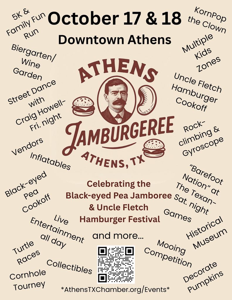 **Alt Text:** Flyer for the **Athens Jamburgeree** in **Downtown Athens, Texas**, taking place **October 17 & 18**. The center features a vintage-style illustration of a man with a mustache and the event logo reading “Athens Jamburgeree, Athens, TX.” The flyer explains that the celebration combines the **Black-eyed Pea Jamboree** and **Uncle Fletch Hamburger Festival**. Surrounding the logo are event highlights in a circular layout, including: 5K & Family Fun Run, Biergarten/Wine Garden, Street Dance with Craig Howell on Friday night, Vendors, Inflatables, Black-eyed Pea Cookoff, Live Entertainment All Day, Turtle Races, Cornhole Tourney, Collectibles, Mooing Competition, Historical Museum, Decorate Pumpkins, “Barefoot Nation” at The Texan on Saturday night, Rock Climbing & Gyroscope, Uncle Fletch Hamburger Cookoff, Multiple Kids Zones, and KornPop the Clown. A QR code appears near the bottom with text that reads “AthensTXChamber.org/Events.” The design has a tan background with maroon and dark brown text and graphics.
