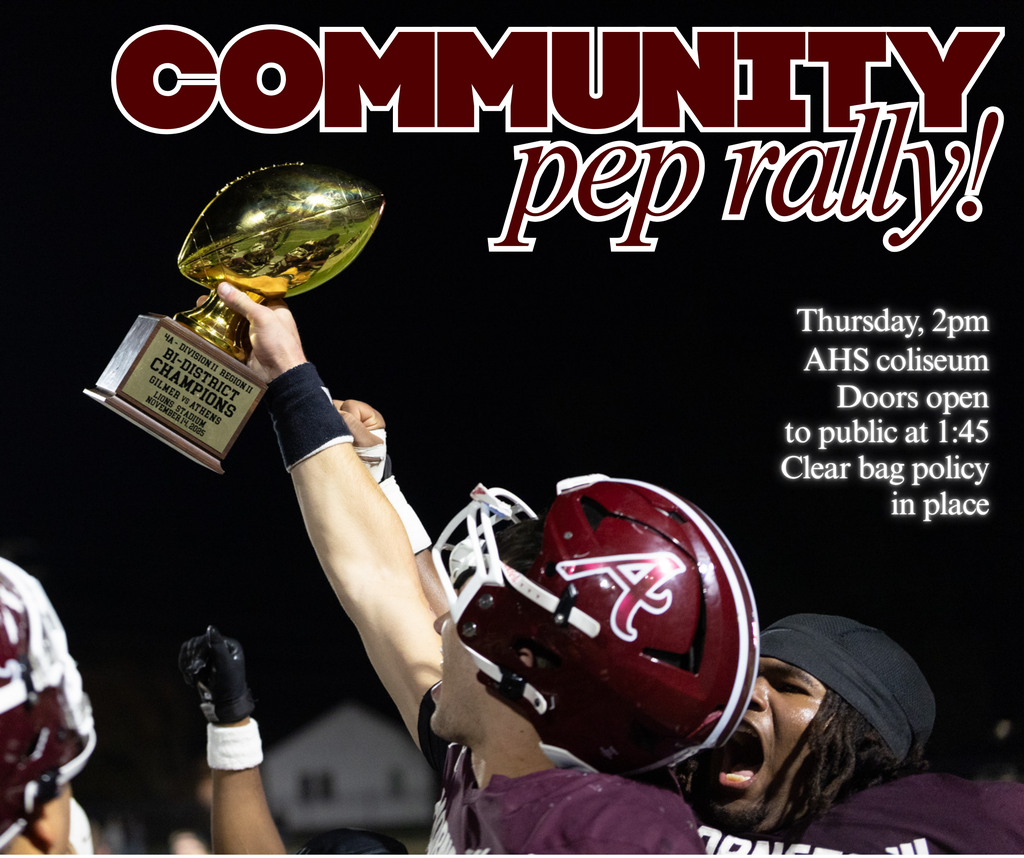 A group of high school football players wearing maroon uniforms celebrates under stadium lights as one athlete lifts a golden trophy labeled “Bi-District Champions.” The background is dark, emphasizing the trophy and players. Large text at the top reads “Community Pep Rally!” and additional text on the right lists event details: “Thursday, 2pm, AHS coliseum. Doors open to public at 1:45. Clear bag policy in place.